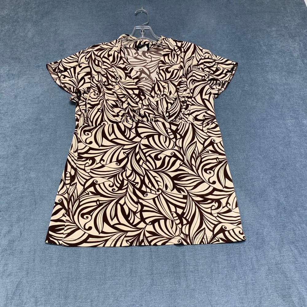 Jkla California Blouse Top Women XL Brown Beige Leaf Print Short Sleeve Pullover